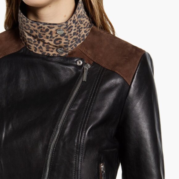 Bernardo Leather Moto Jacket - Mixed Media Black and Leopard Print, Size XS - Picture 4 of 12